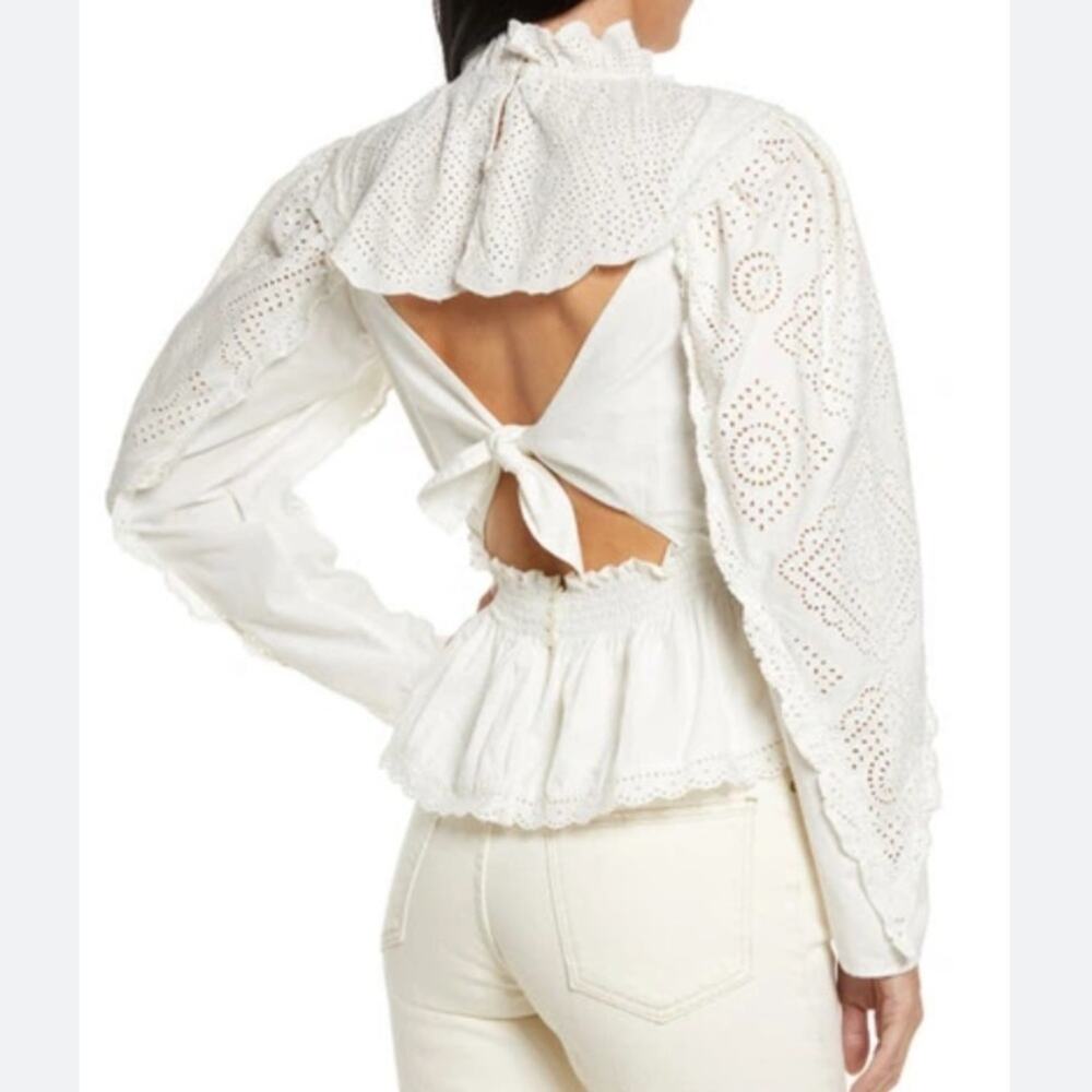 SEA Vienne White Long Sleeve Eyelet Lace Tie Back Cotton Blouse Top 12